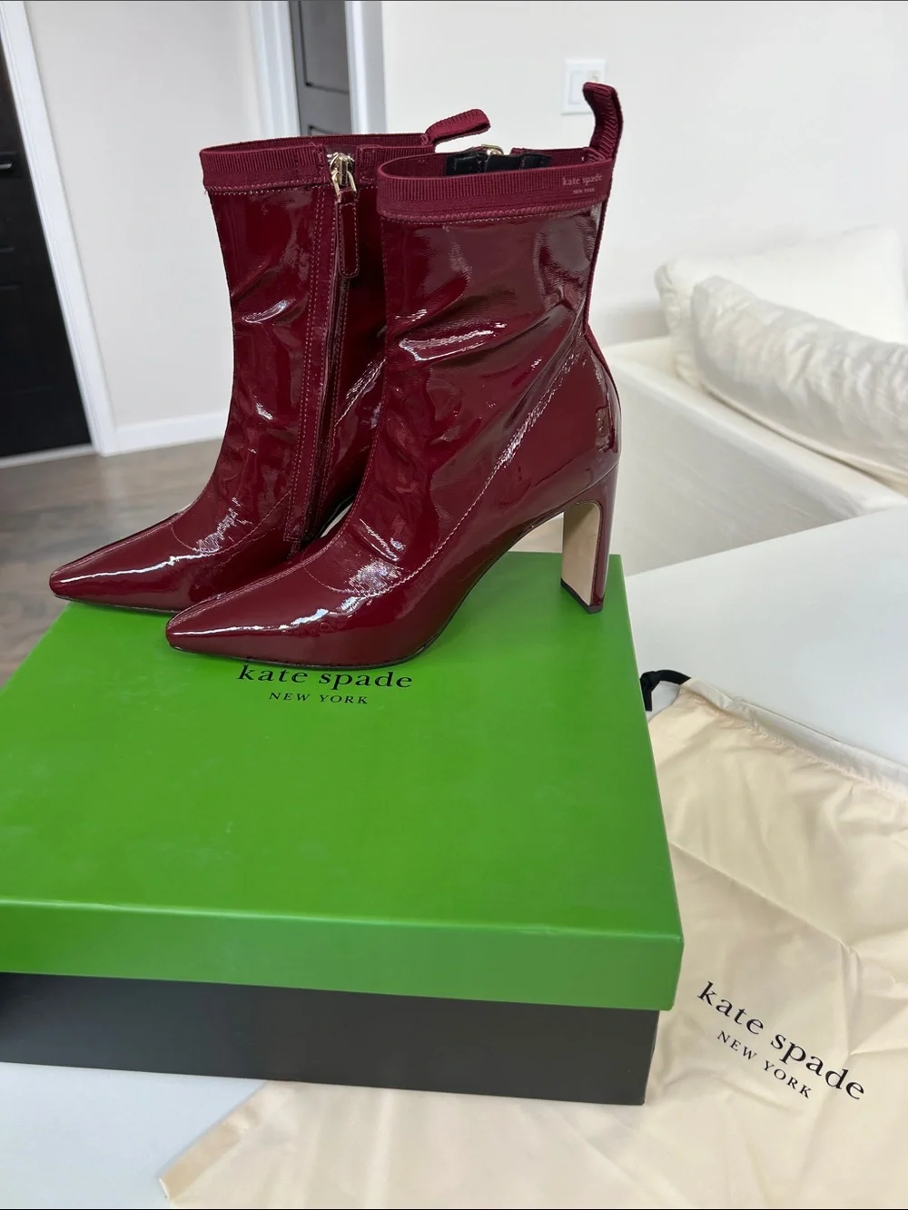 Kate Spade down under stretch patent cordovan dark red pointed toe booties ankle